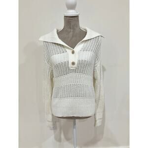 White + Warren - Cotton Tape Open Knit Polo in White Size M Luxury High End